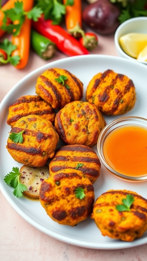 Crispy mini lentil and sweet potato patties served with dipping sauce and garnished with parsley.